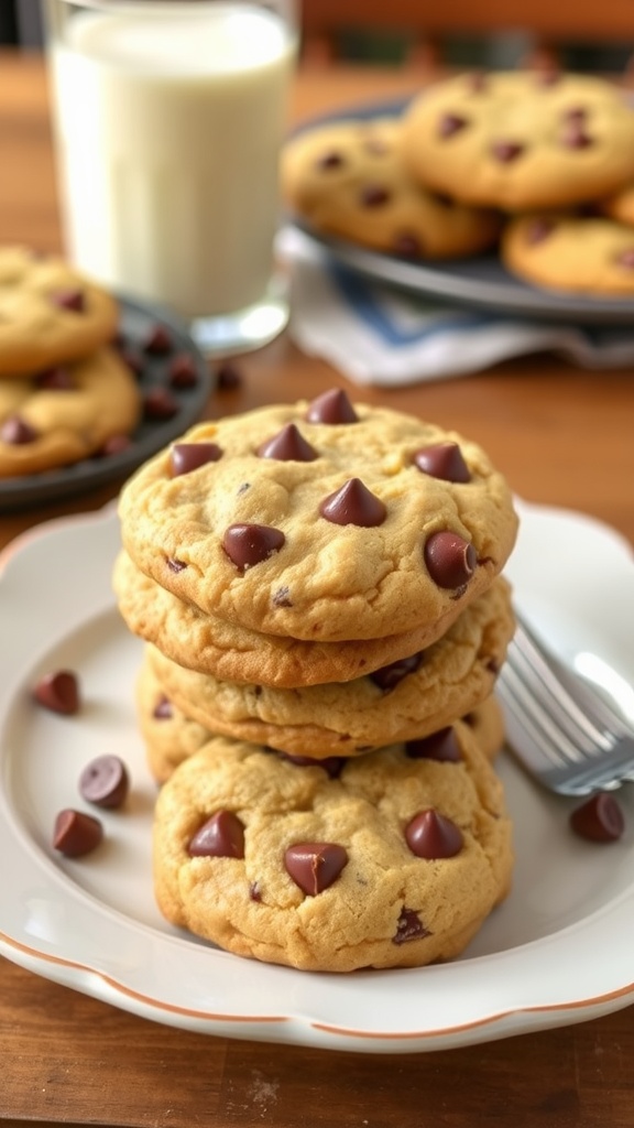A plate of warm chocolate chip cookies with melted chocolate, alongside a glass of milk.
